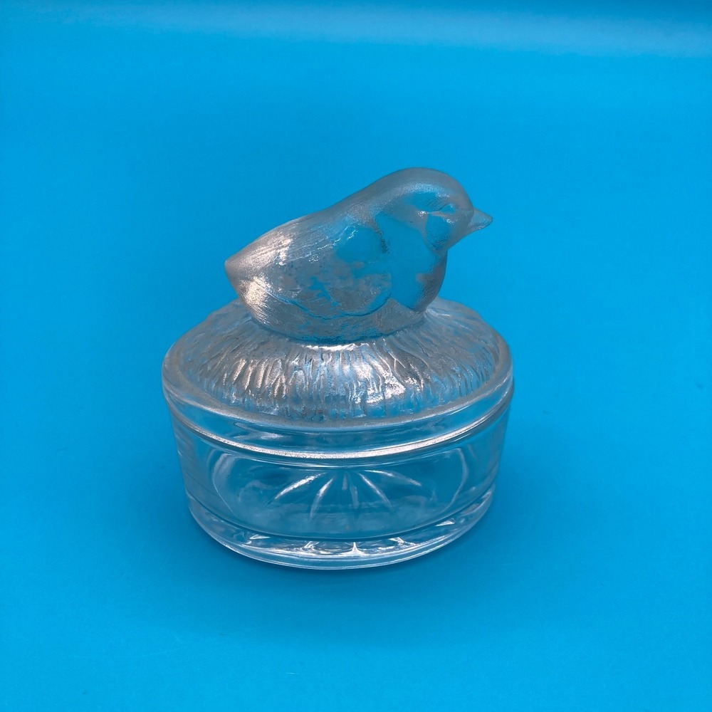 Vintage Luminarc France Glass Bird on Nest Trinket Dish Frosted Lidded Box